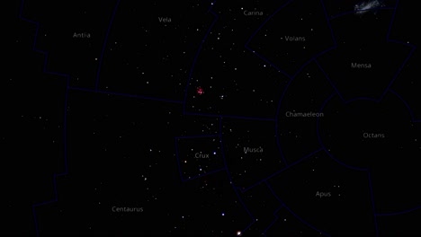 mapa estelar moviéndose en el sentido de las agujas del reloj con constelaciones de estrellas con varias estrellas con cuadrículas alrededor de ellas en azul