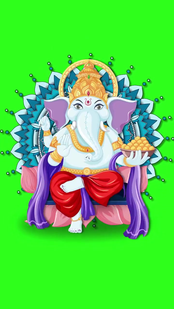 Un Ganesha colorato in stile cartone animato appare sopra un mandala blu rotante su uno sfondo verde.