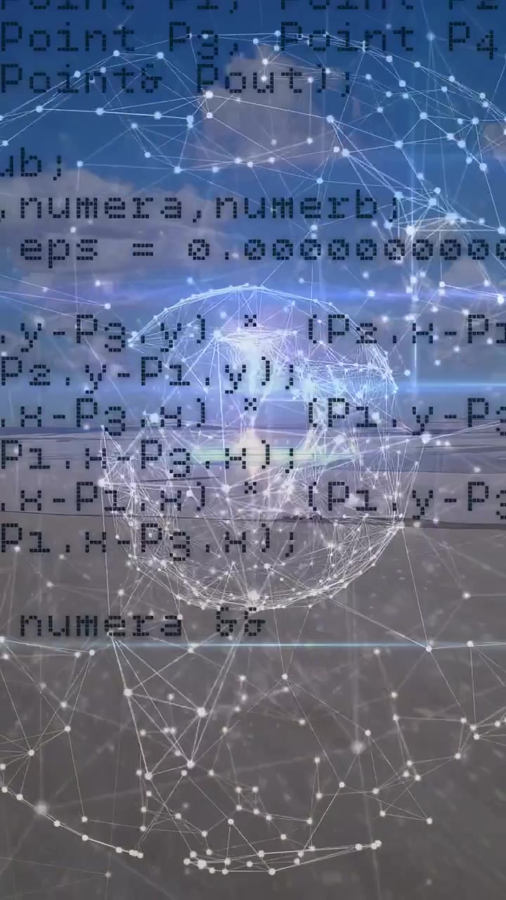 Video verticale: Codice che sale all'orizzonte, sfera di rete che si forma, nodi che si illuminano, visualizzando la tecnologia.
