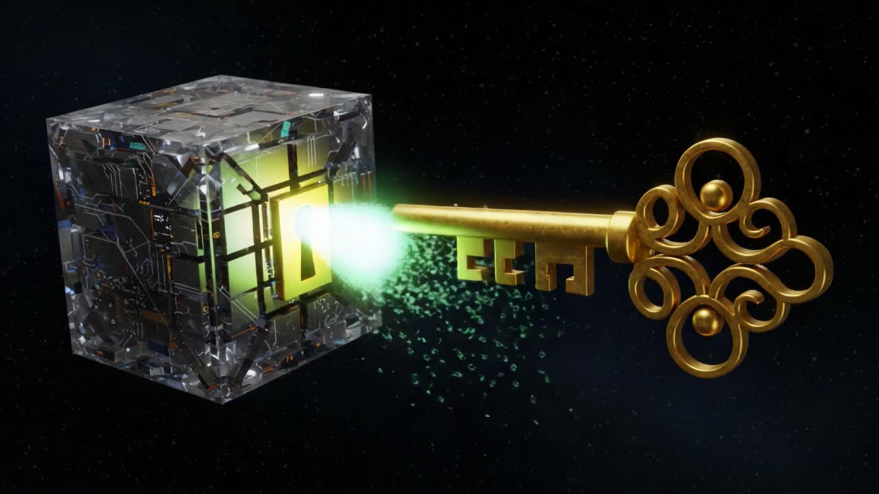 A Stunning Visual of a High-Tech Key Unlocking a Mysterious Cube, Revealing a Stream of Energy and Digital Elements in a Futuristic Sci-Fi Environment