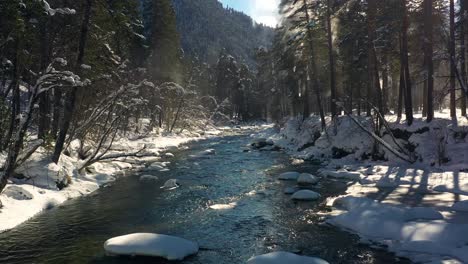 Beautiful-snow-scene-forest-in-winter.-Flying-over-of-river-and-pine-trees-covered-with-snow.