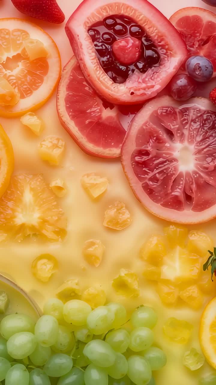 Vertikales Video: Schwenkende Kamera, die Grapefruit, Kompott und Trauben auf einer Studiotheke für eine Präsentation enthüllt