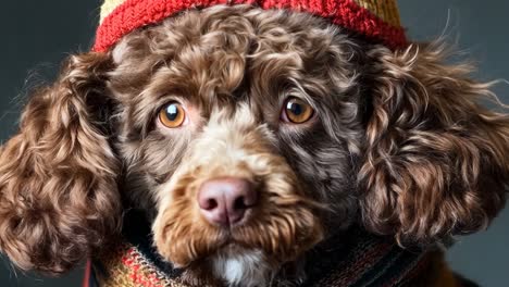 a brown dog wearing a colorful hat and scarf