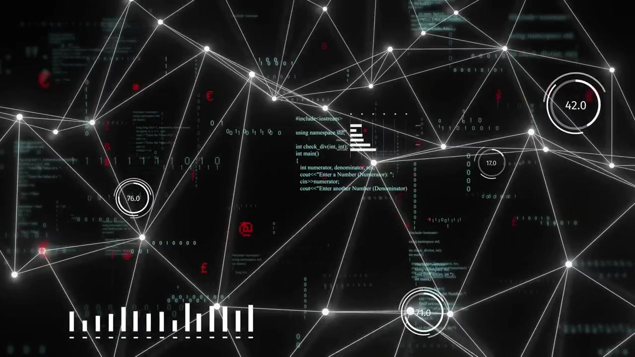 3D network mesh receiving telemetry and updating nodes, HUD gauges appearing, visualizing analytics