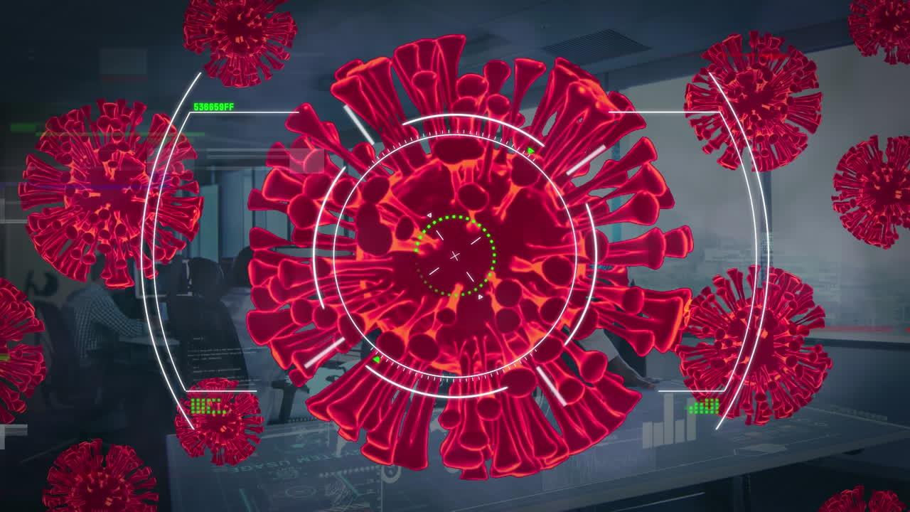 animación de escáner y células del virus covid rojo sobre el hombre en auriculares vr trabajando en la oficina