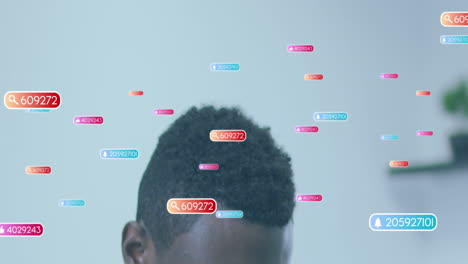 Animation of social media icons with numbers over diverse business people