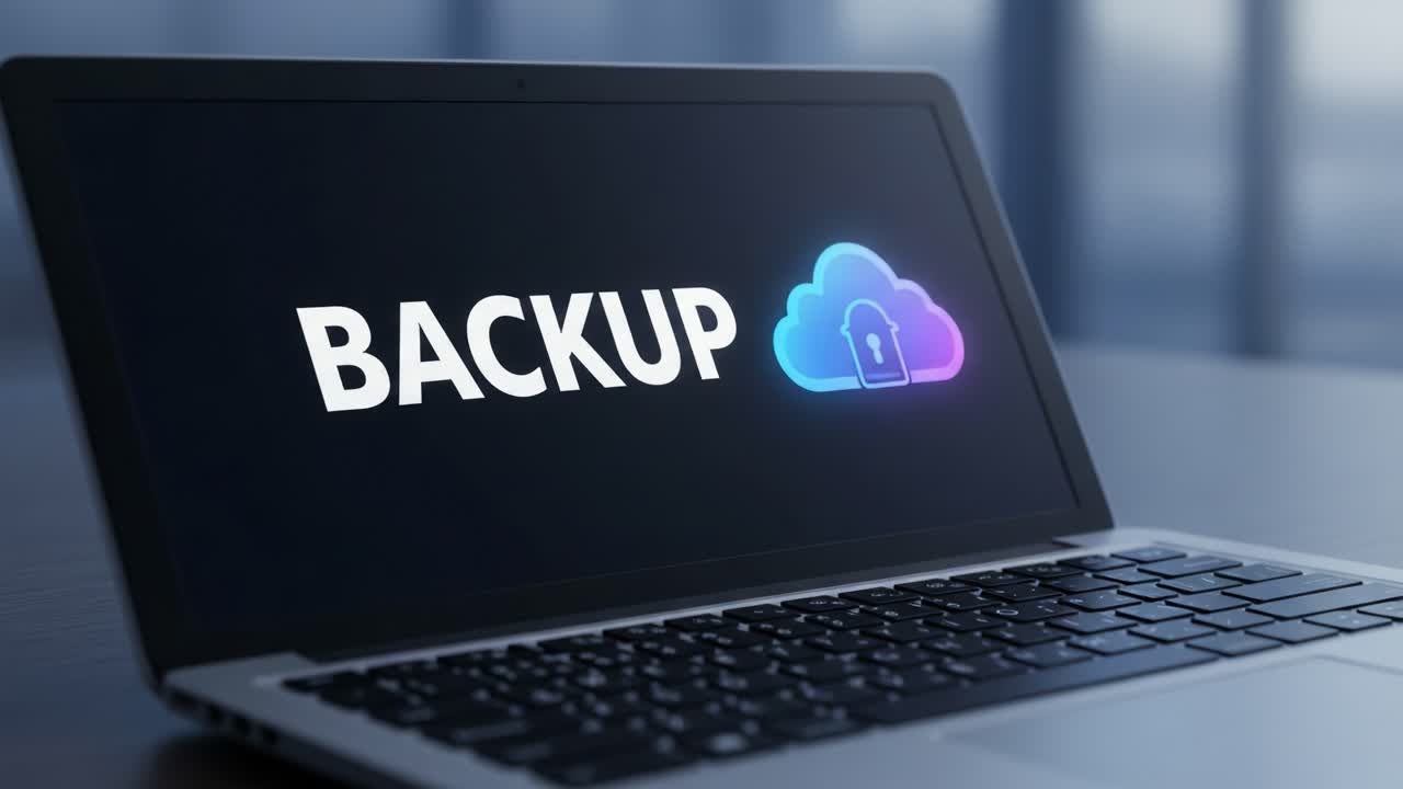 Visual Representation of Data Backup on Laptop Display Featuring Cloud Technology for Secure Storage and Protection of Digital Information
