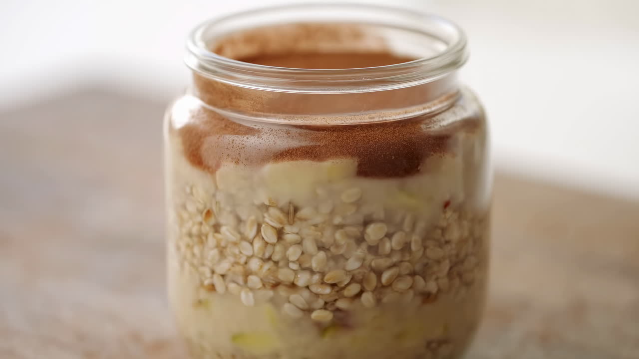 Overnight oats salutari con banana e cannella in un barattolo di vetro