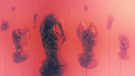 destroyed android heads on spikes on the neon pink background