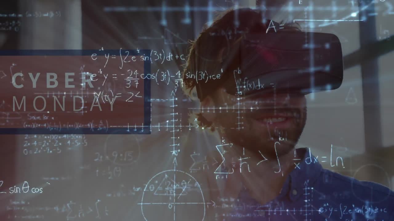 animación de ecuaciones matemáticas sobre el hombre que usa auriculares vr