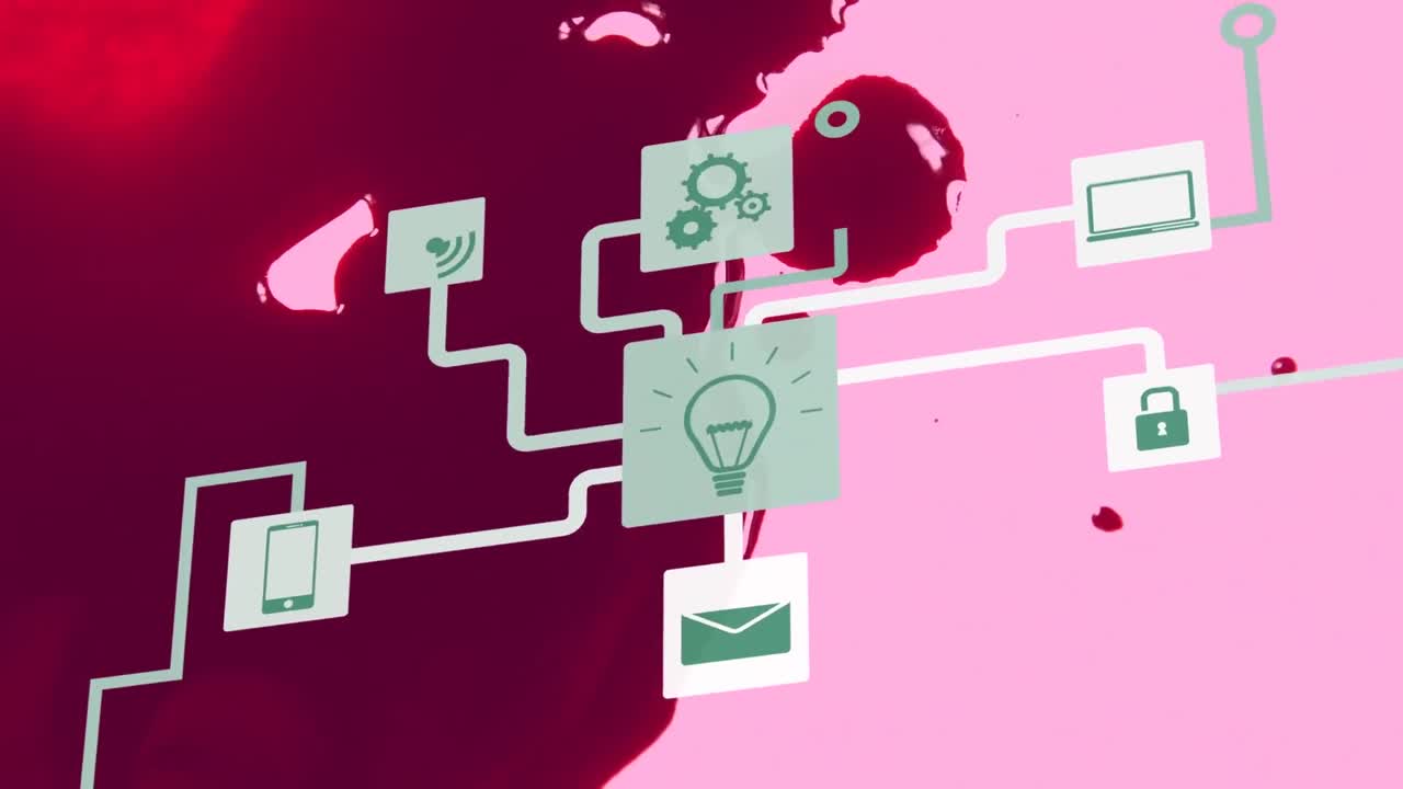 animación de iconos con dispositivos tecnológicos y conexiones sobre sangre humana en fondo rosa