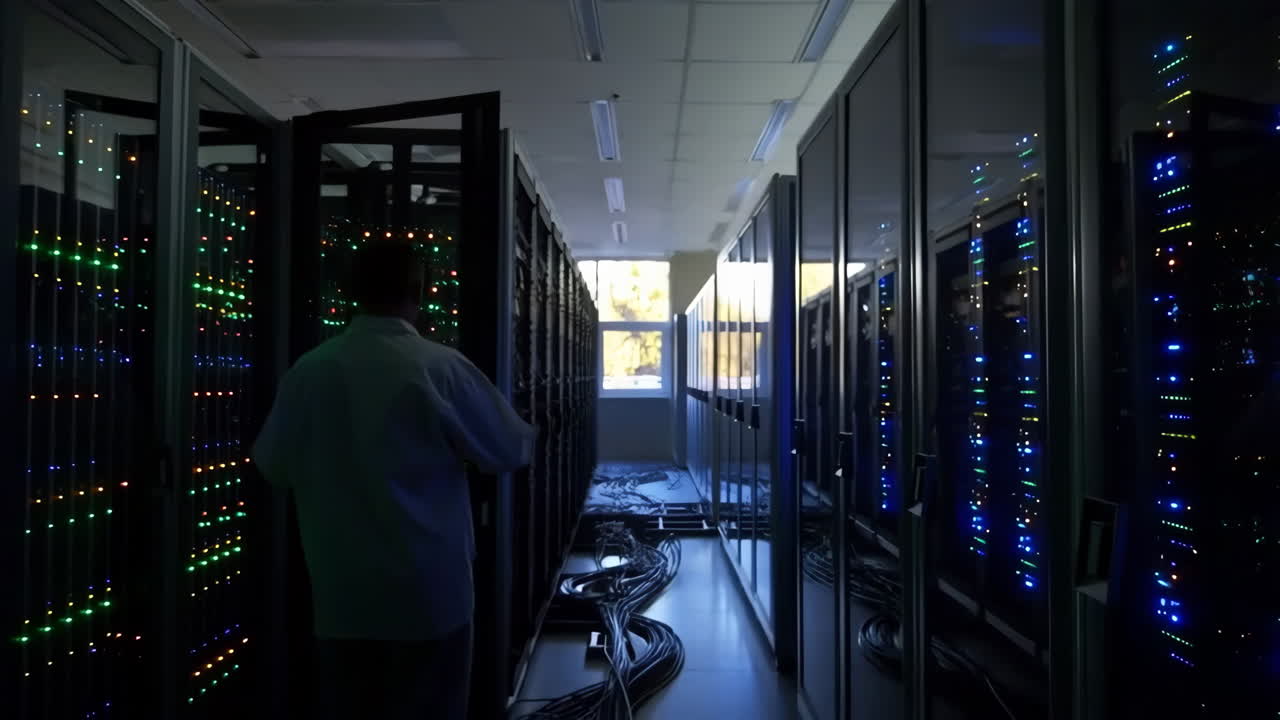 A technician walks through a dark data center filled with server racks and blinking lights