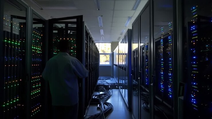 A technician walks through a dark data center filled with server racks and blinking lights