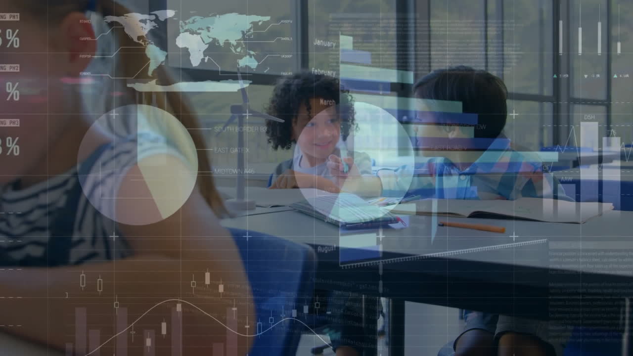 다양한 학생들이 학교 교실에서 논의하는 그래프, 인포그래픽 인터페이스의 애니메이션