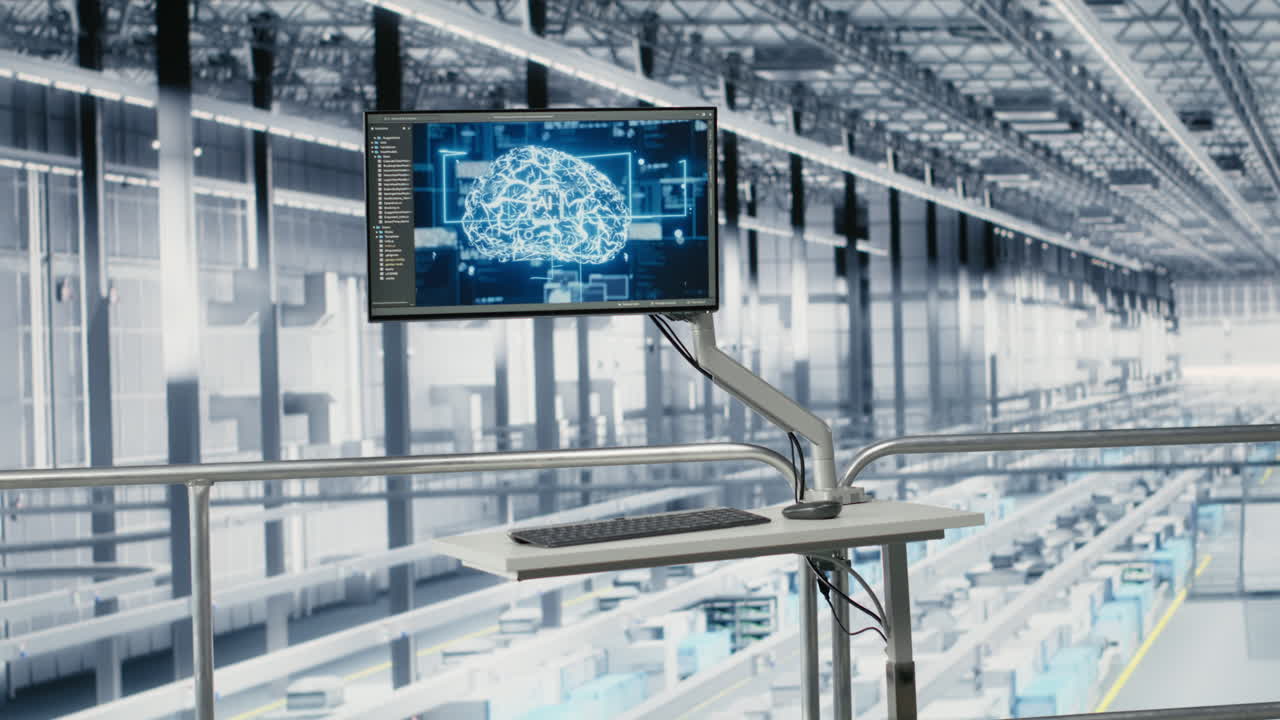 Isolated screen monitor in empty microchip production smart factory