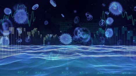 Animation-Von-Makroviren--Und-Coronavirus-Covid-19-Zellen,-Die-Sich-Auf-Dunklem-Hintergrund-über-Wasser-Ausbreiten