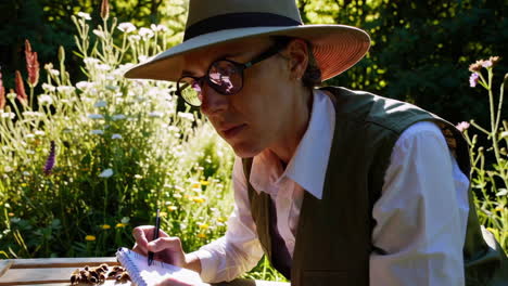 beekeeper researching bees in a flower garden