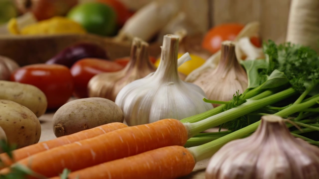 View slowly widens from central garlic to reveal more colorful produce across wooden surface, with orange carrots, earthy potatoes, tomatoes, greens, and softly blurred background.