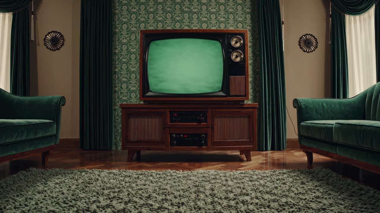 Vintage living room with retro TV on a wooden stand, shot from a low angle