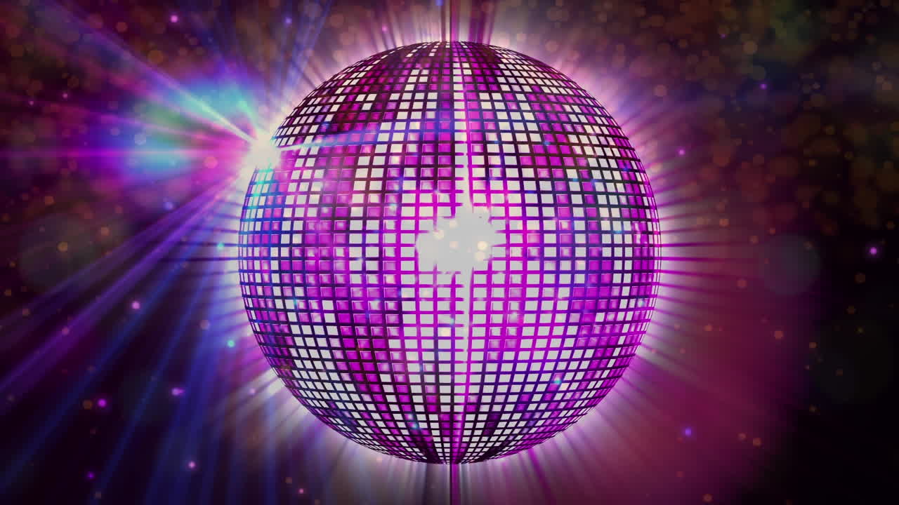 animación de manchas de luz sobre una pelota de discoteca púrpura giratoria contra un fondo rosa.