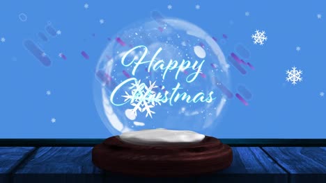 Animation-of-christmas-greetings-in-snow-globe-with-shooting-star,-purple-light-trails-and-snow