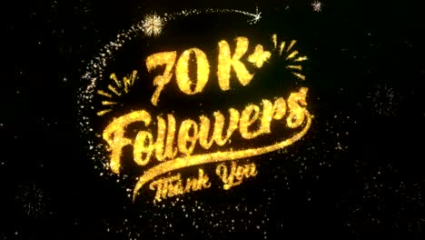 70k followers greeting and wishes card made from glitter particles and sparklers light dark night sky with colorful firework 4k background.