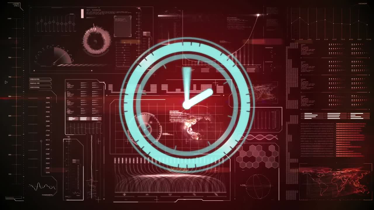 Animation of scope scanning with clock over data processing on red background