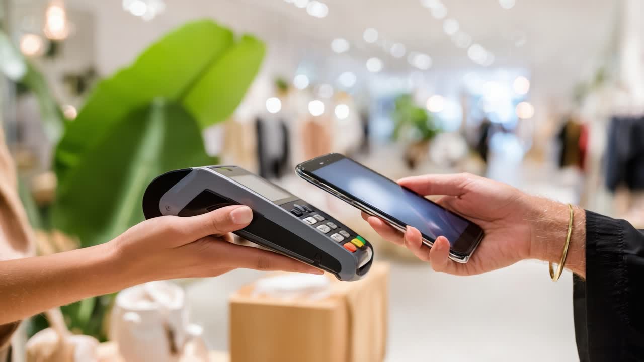 Seamless Mobile Payment Experience: A Customer Using Their Smartphone to Complete a Transaction at a Modern Retail Store with a Contactless Payment Device in Focus
