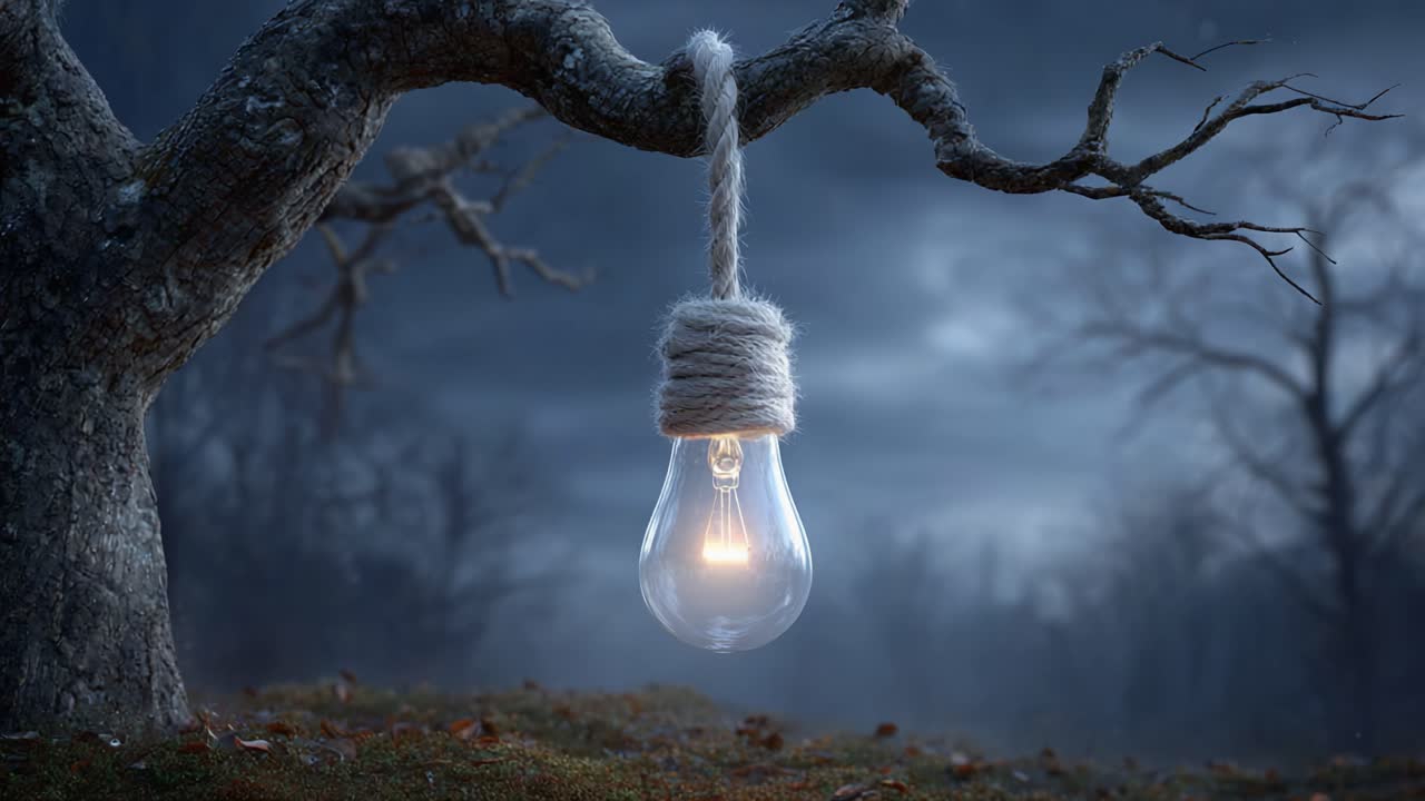 A Glowing Lantern Hangs From a Gnarled Tree Branch in a Mysterious and Ethereal Landscape, Casting Soft Light Into the Gathering Shadows of Dusk