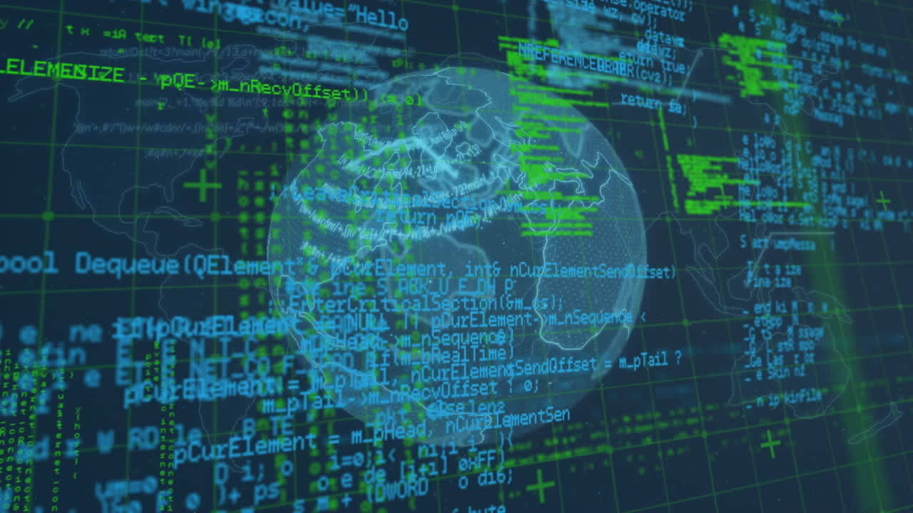 animação digital do processamento de dados através de uma rede de grade contra um globo giratório em fundo azul