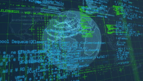 digital animation of data processing over grid network against spinning globe on blue background