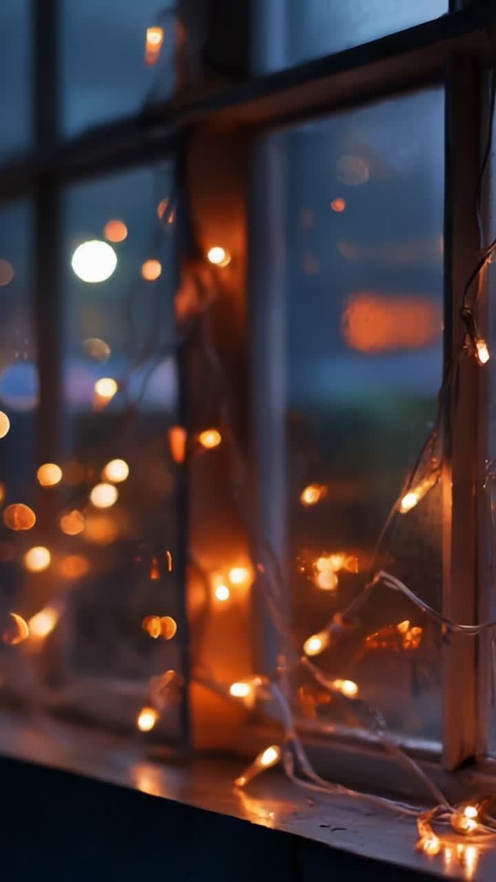 A Cozy Window Scene Adorned with Warm, Twinkling Lights Creating a Magical Ambiance for Relaxation and Reflection in the Evening Glow of Twilight