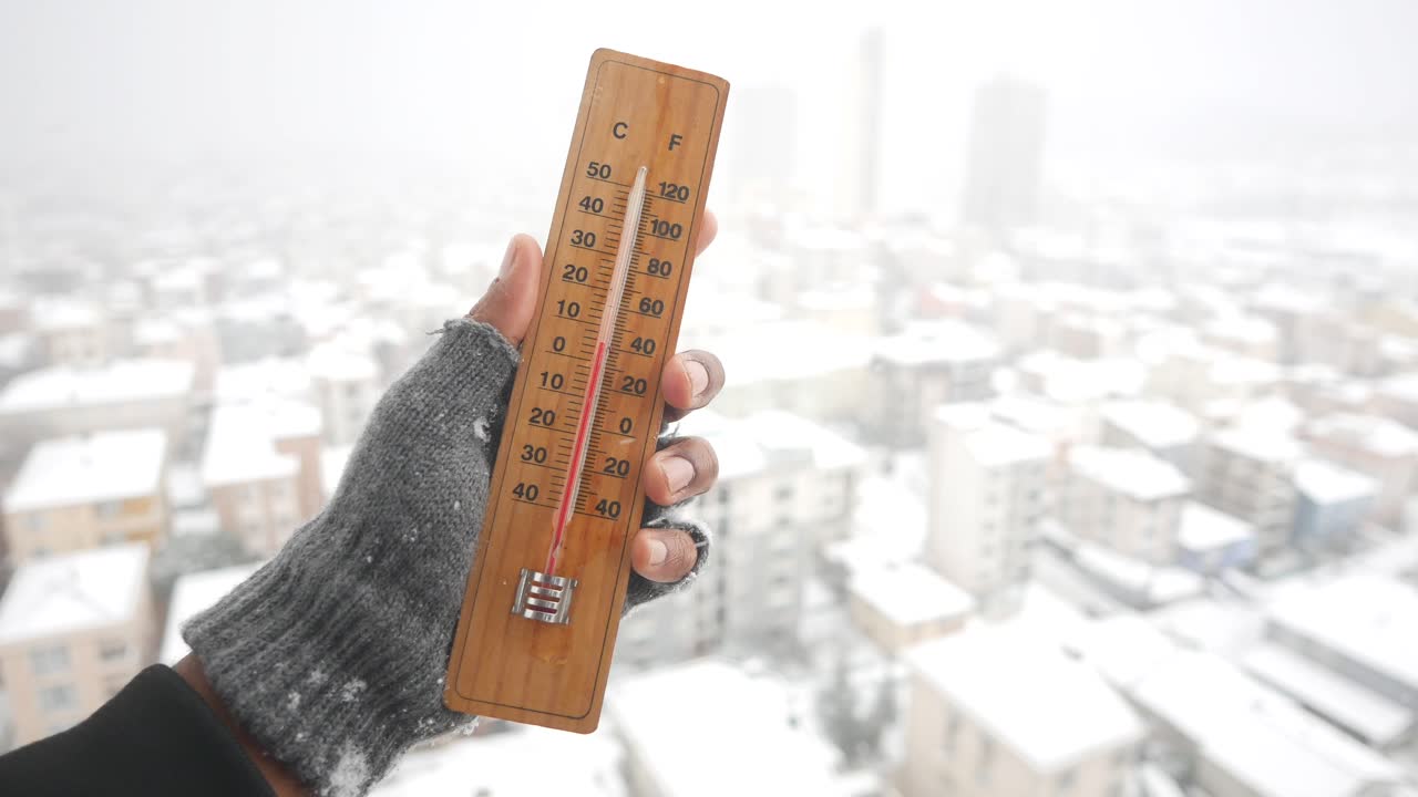 Thermometer Showing Cold Temperature in Snowy City