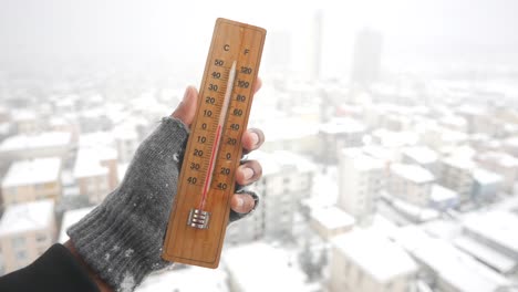 thermometer showing cold temperature in snowy city