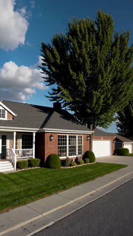 suburban street with brick houses and large green trees