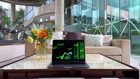 MacBook-in-upscale-mansion-displays-green-arrow-indicating-bullish-market-growth