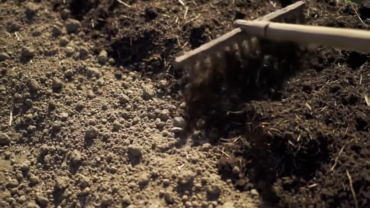 Cultivating Soil: A Close-Up of Raking and Aerating Earth with a Garden Tool to Prepare for Planting Seeds in a Vibrant Outdoor Garden Environment