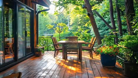 a wooden deck with a table and chairs on it