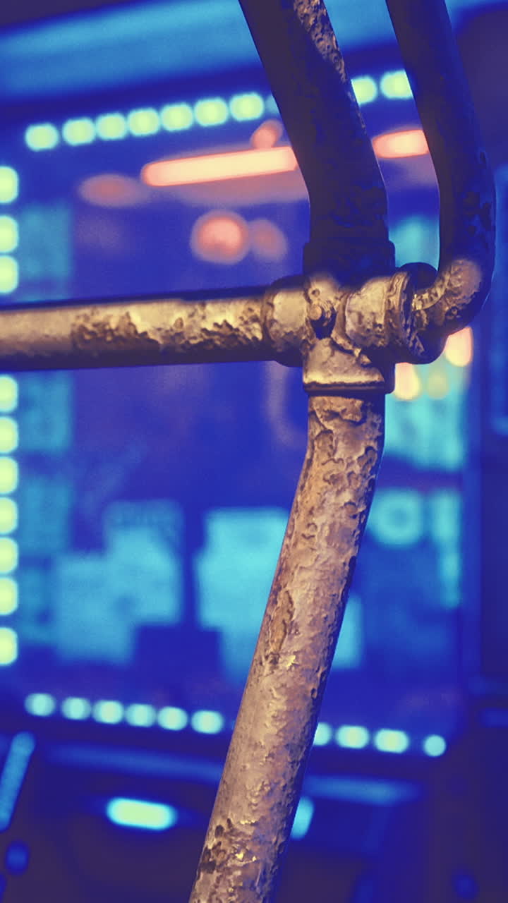 Close up of metallic framework with neon light backdrop in a futuristic setting