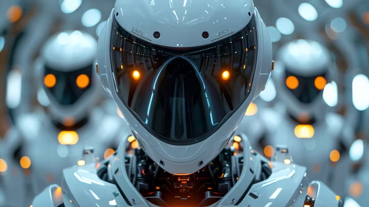 Three robots are standing in a tunnel with their heads turned to the right. The robots are white and have yellow lights on their heads. The scene gives off a futuristic and technological vibe