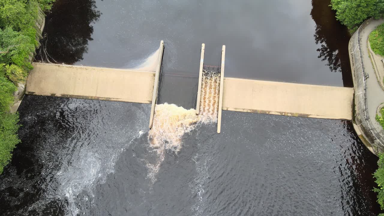 Drone Overhead of Weir and Salmon ladder on River Tees at Barnard Castle