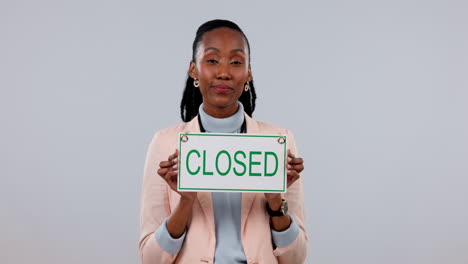 Face,-black-woman-and-closed-sign-of-small