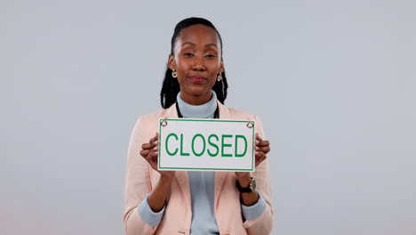 face, black woman and closed sign of small