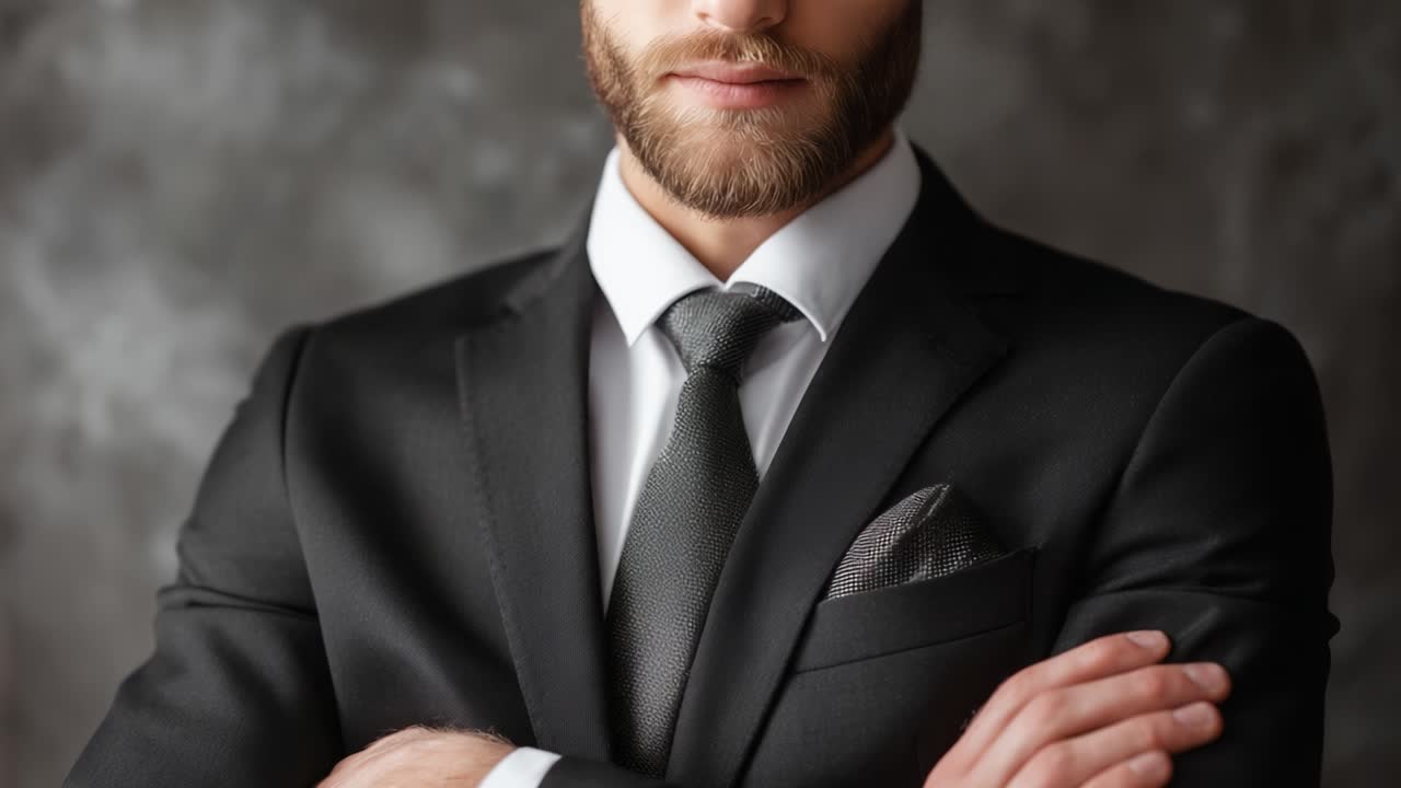 Elegant and Confident Male Model in Formal Attire with Stylish Accessories, Posing with a Serious Expression Against a Blurred Background