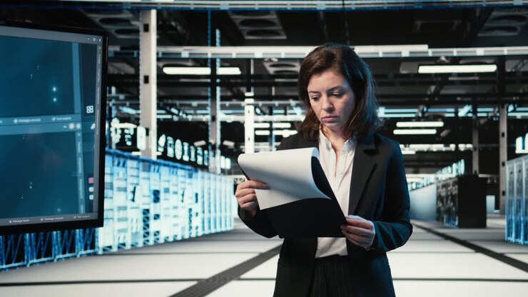 Portrait Of Smiling Data Center Engineer Optimizing Equipment Rigs Using Ai