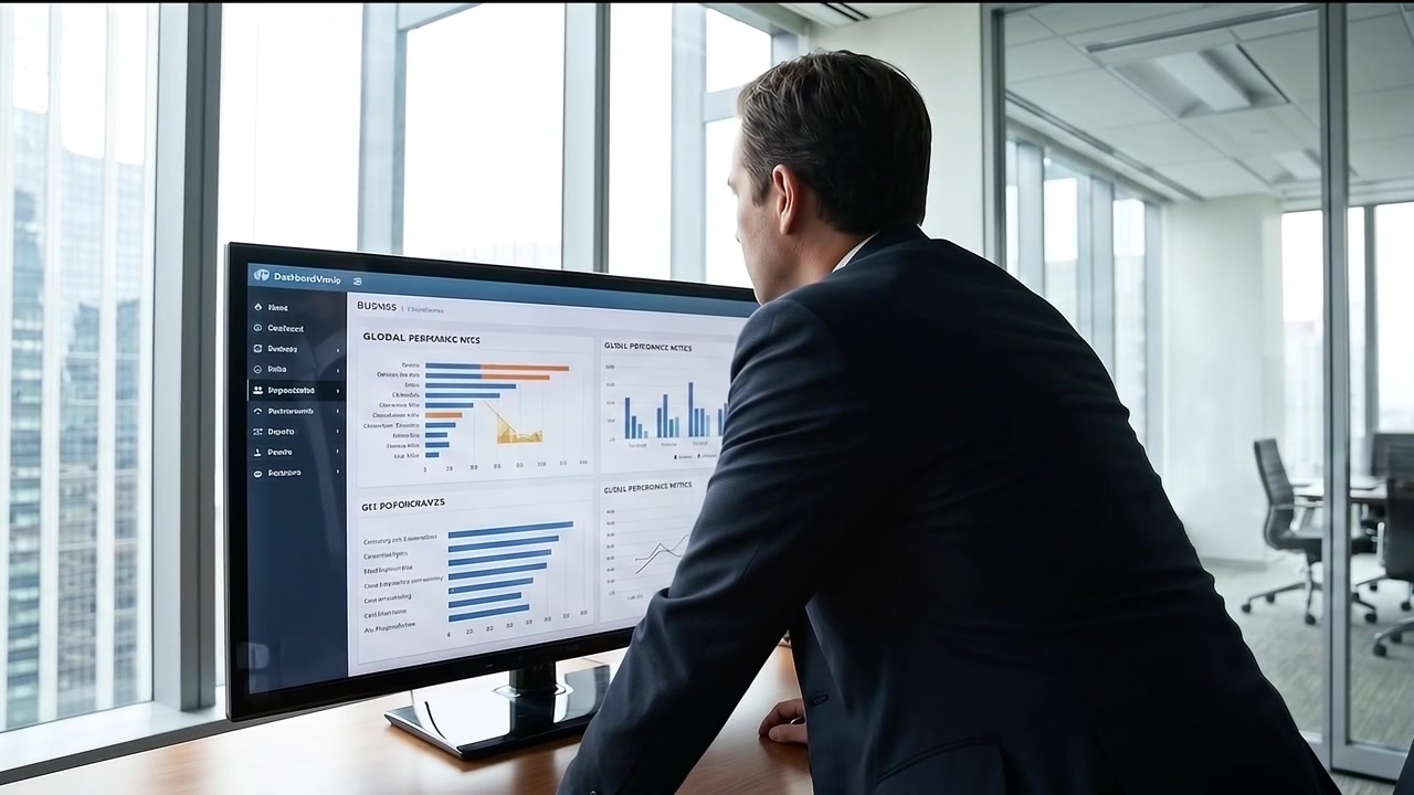 Businessman Analyzing Financial Data on Computer in Modern Office