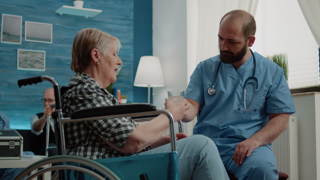 Nurse preparing effervescent pill in water glass for patient