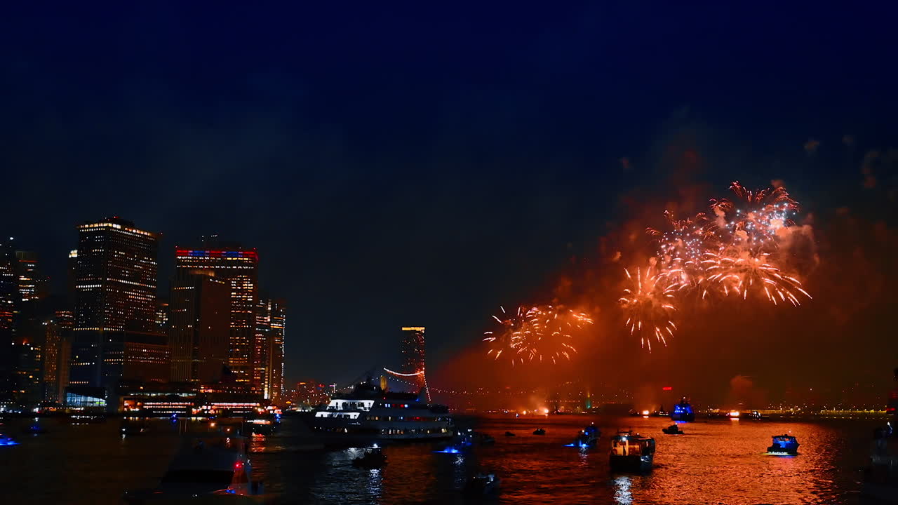 Numerous boats on the river heading to the fireworks. Celebrations show in New York, USA at night