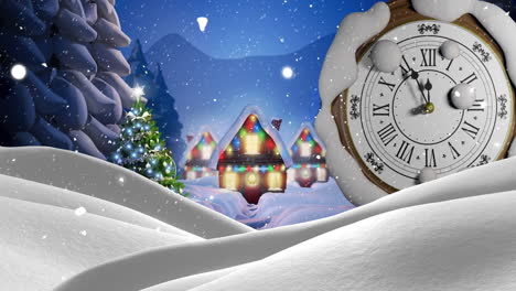 animation of retro clock ticking showing midnight in winter scenery