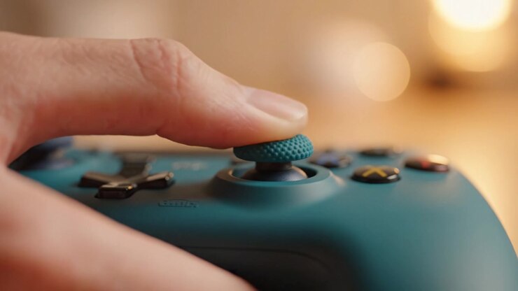 Scatti ravvicinati di un controller da gioco turchese, con focus su joystick e pulsanti, che evidenziano texture e dettagli di design per gli appassionati di gaming